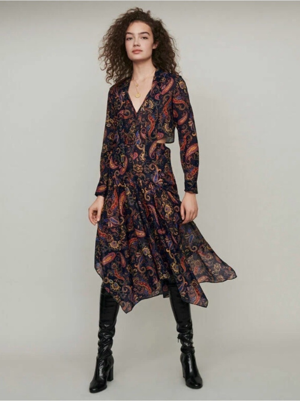 Maje Blue Paisley Print Citton Cut-Out Asymmetric Midi Dress 1